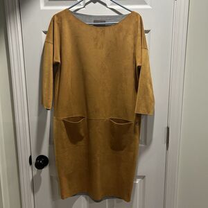 Para Mi Womens Brown Faux Suede Small Dress Lagenlook Work Pockets 3/4 Sleeve